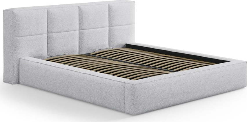 Světle šedá čalouněná dvoulůžková postel s úložným prostorem s roštem 200x200 cm Simon Darren – Micadoni Micadoni