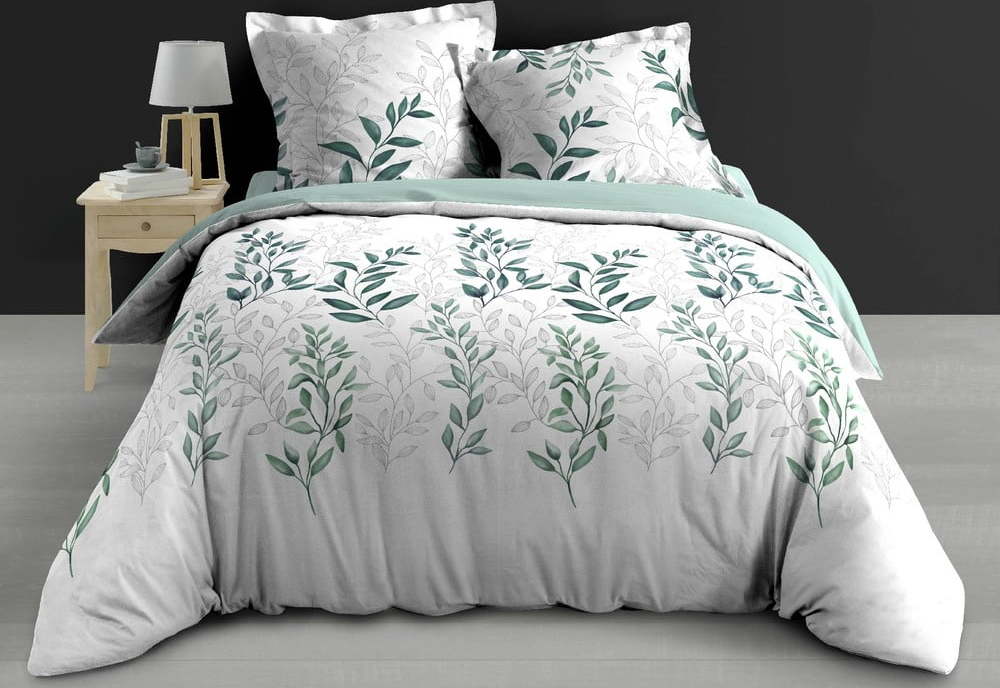 Bílé/zelené povlečení na dvoulůžko/prodloužené z bavlněného perkálu 240x220 cm Wendy – douceur d'intérieur Douceur d intérieur