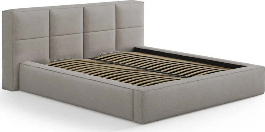 Světle šedá čalouněná dvoulůžková postel s úložným prostorem s roštem 160x200 cm Simon Darren – Micadoni Micadoni