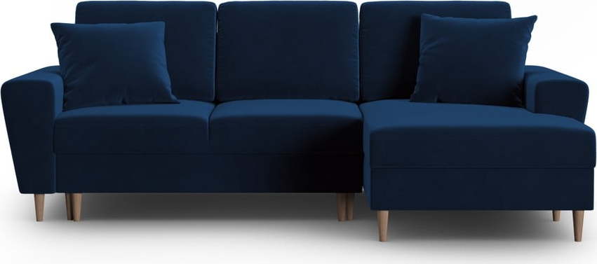 Modrá sametová rozkládací/s úložným prostorem rohová pohovka (pravý roh/s lenoškou) Kyoto – Cosmopolitan Design Cosmopolitan design