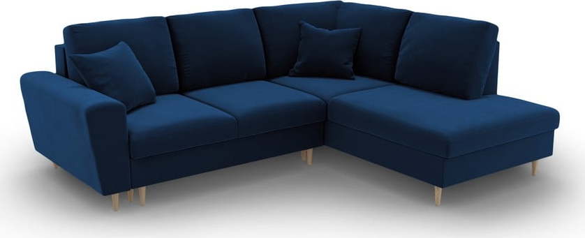 Modrá sametová rozkládací/s úložným prostorem rohová pohovka (pravý roh/do L) Kyoto – Cosmopolitan Design Cosmopolitan design