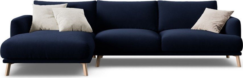 Tmavě modrá sametová rohová pohovka (levý roh/s lenoškou) Naomi – Micadoni Micadoni
