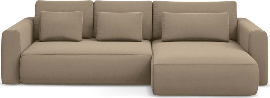 Světle hnědá sametová rozkládací/s úložným prostorem rohová pohovka (pravý roh/s lenoškou) Kapua – Makamii Makamii