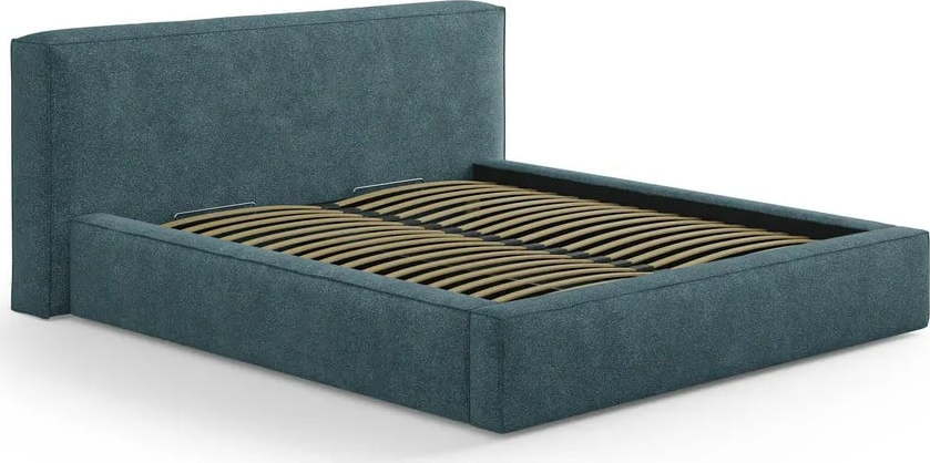 Modrá čalouněná dvoulůžková postel s úložným prostorem s roštem 160x200 cm Simon Olivia – Micadoni Micadoni