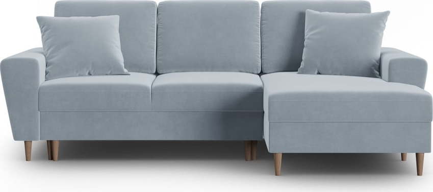 Světle modrá sametová rozkládací/s úložným prostorem rohová pohovka (pravý roh/s lenoškou) Kyoto – Cosmopolitan Design Cosmopolitan design