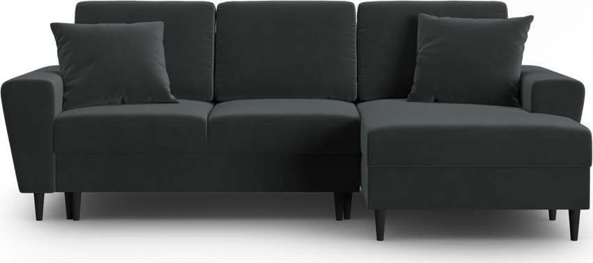 Tmavě šedá sametová rozkládací/s úložným prostorem rohová pohovka (pravý roh/s lenoškou) Kyoto – Cosmopolitan Design Cosmopolitan design