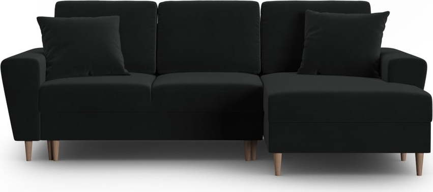 Černá sametová rozkládací/s úložným prostorem rohová pohovka (pravý roh/s lenoškou) Kyoto – Cosmopolitan Design Cosmopolitan design