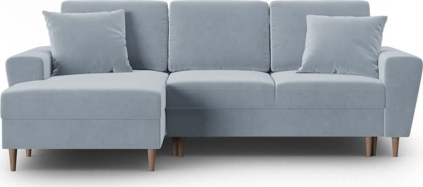 Světle modrá sametová rozkládací/s úložným prostorem rohová pohovka (levý roh/s lenoškou) Kyoto – Cosmopolitan Design Cosmopolitan design