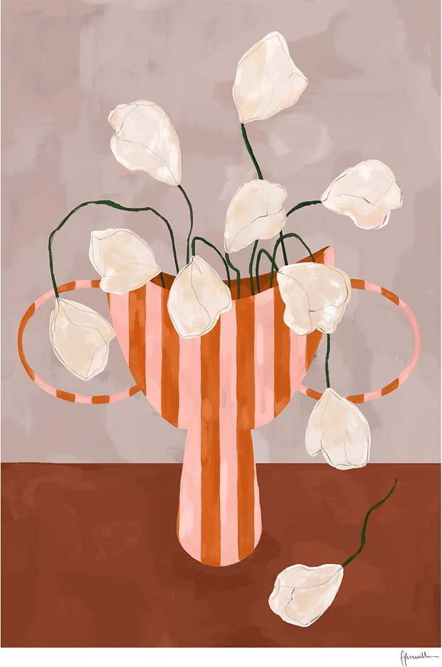 Plakát 30x40 cm White Flowers in Striped Vase – Frankie Penwill – The Poster Club The Poster Club