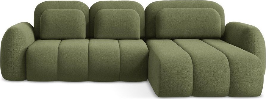 Zelená rozkládací/s úložným prostorem rohová pohovka z textilie bouclé (pravý roh/s lenoškou) Pele – Makamii Makamii