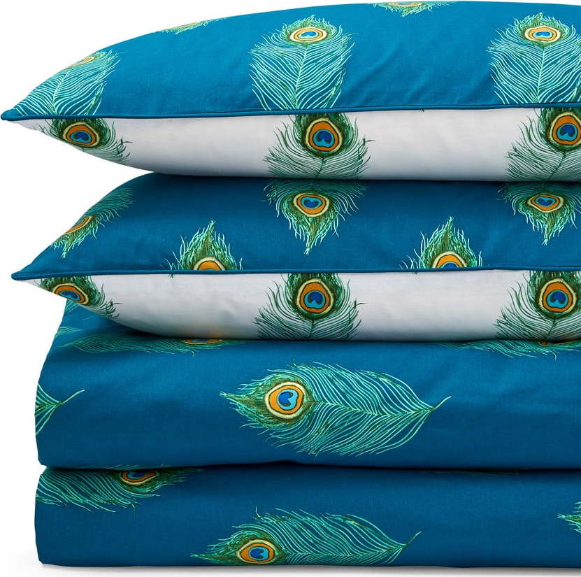 Bílé/zelenomodré bavlněné povlečení na jednolůžko 135x200 cm Peacock Feather – Their Nibs Their Nibs