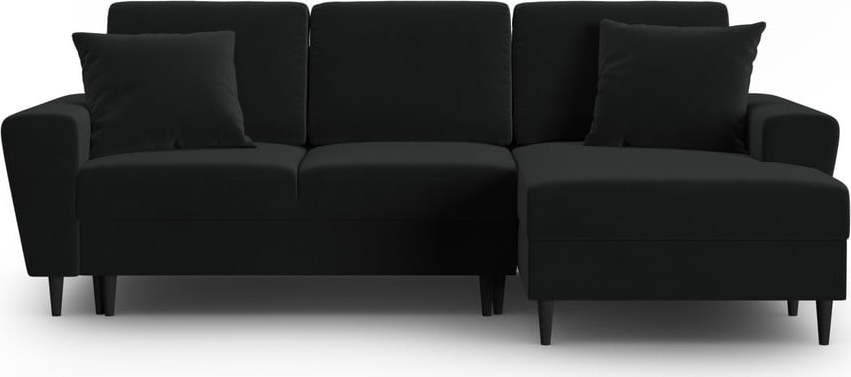Černá sametová rozkládací/s úložným prostorem rohová pohovka (pravý roh/s lenoškou) Kyoto – Cosmopolitan Design Cosmopolitan design