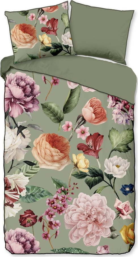 Zelené povlečení na jednolůžko/prodloužené z bavlněného saténu 140x220 cm Fiori – Descanso Descanso