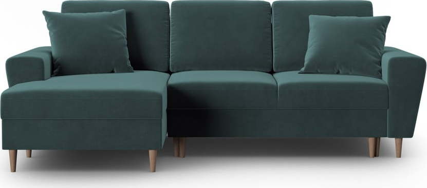 Sametová rozkládací/s úložným prostorem rohová pohovka v petrolejové barvě (levý roh/s lenoškou) Kyoto – Cosmopolitan Design Cosmopolitan design