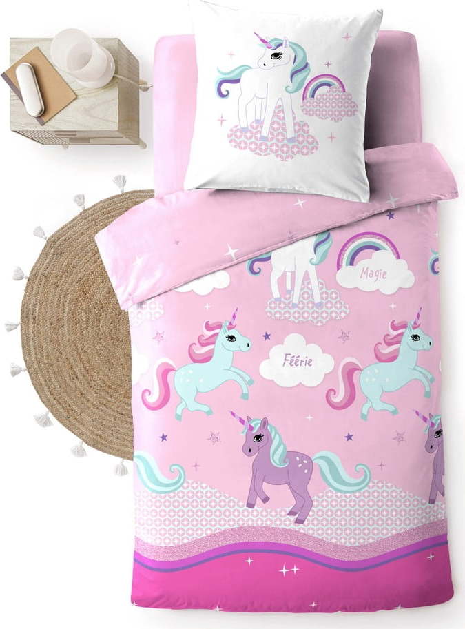 Růžové bavlněné dětské povlečení na jednolůžko 140x200 cm Licorne – douceur d'intérieur Douceur d intérieur