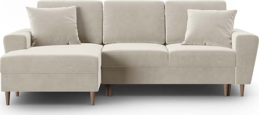 Béžová sametová rozkládací/s úložným prostorem rohová pohovka (levý roh/s lenoškou) Kyoto – Cosmopolitan Design Cosmopolitan design