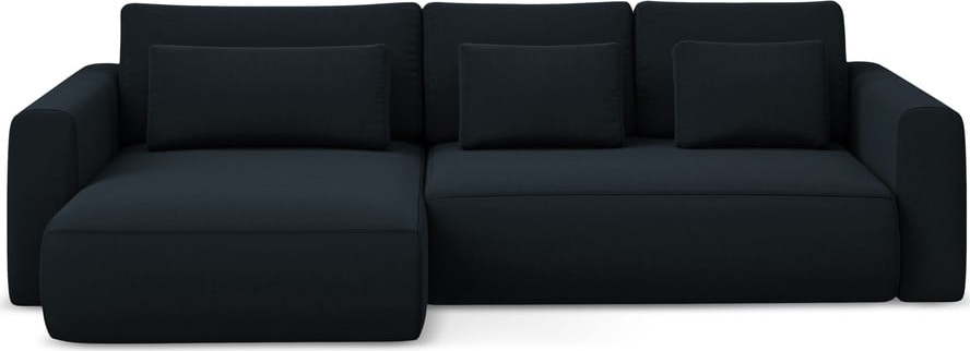 Tmavě modrá sametová rozkládací/s úložným prostorem rohová pohovka (levý roh/s lenoškou) Kapua – Makamii Makamii