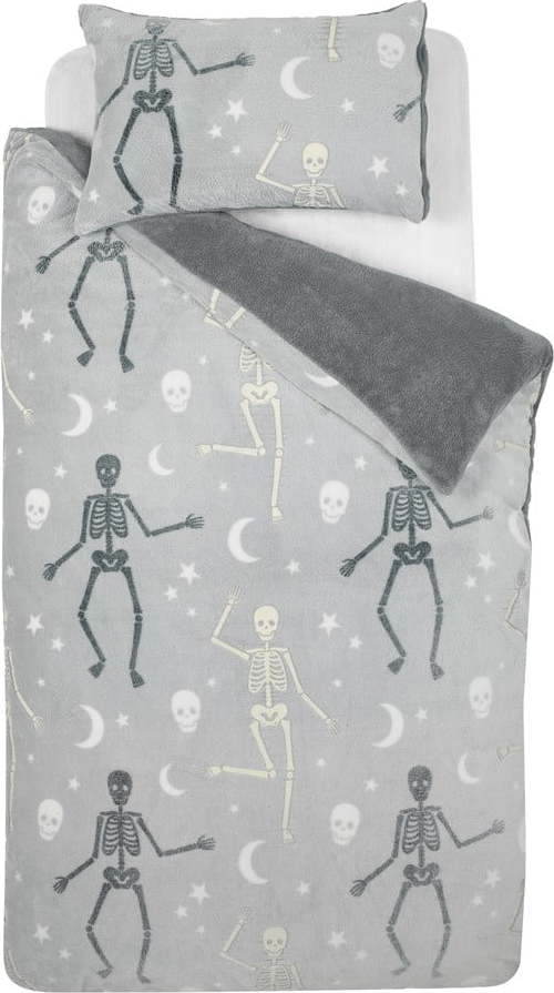 Šedé dětské povlečení se svítícím efektem na jednolůžko z mikroplyše 135x200 cm Halloween Skeleton – Catherine Lansfield Catherine Lansfield