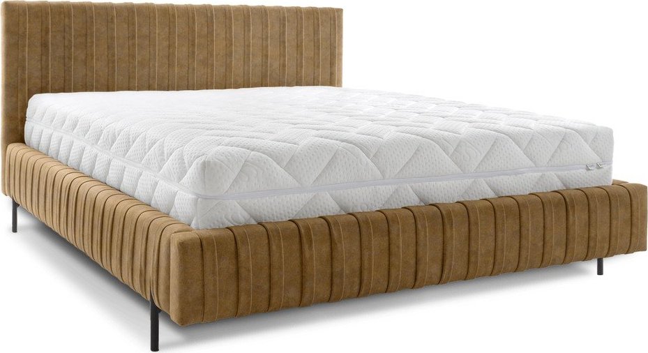 Okrově žlutá čalouněná dvoulůžková postel s úložným prostorem s roštem 140x200 cm Plissa – ELTAP ELTAP