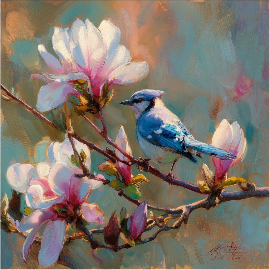 Tištěný obraz na plátně 32x32 cm Bluejay & Blossom – Styler Styler