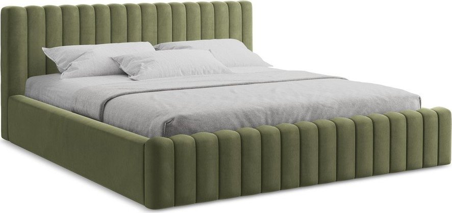 Zelená čalouněná dvoulůžková postel s úložným prostorem s roštem 180x200 cm Lemi – Makamii Makamii