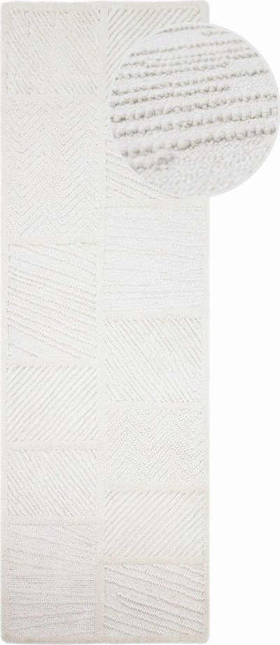 Bílý ručně tkaný běhoun s příměsí vlny 80x230 cm Sculptured Blocks – Flair Rugs Flair Rugs