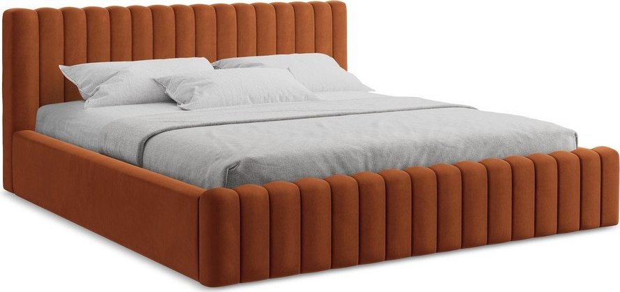 Čalouněná dvoulůžková postel s úložným prostorem s roštem 160x200 cm v terakotové barvě Lemi – Makamii Makamii