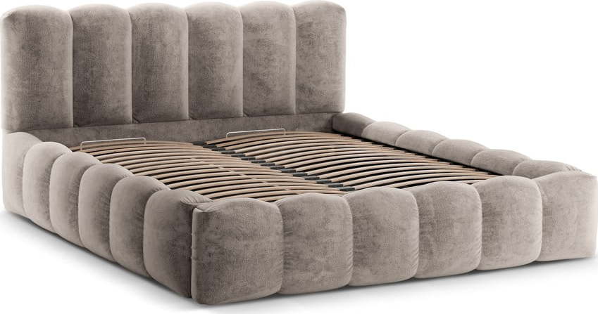 Světle hnědá čalouněná dvoulůžková postel s úložným prostorem a roštem 160x200 cm Lupine – Micadoni Home Micadoni
